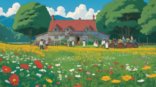 studio ghibli,summer meadow,church painting,flower meadow,clover meadow,dandelion meadow,village scene,spring meadow,flower field,cottage garden,sound of music,meadow landscape,flowers field,wildflower meadow,meadow,flowering meadow,flower garden,field of flowers,idyll,blooming field,Illustration,Japanese style,Japanese Style 16