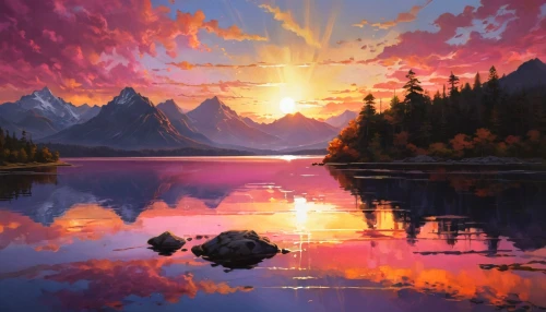 mountain sunrise,incredible sunset over the lake,landscape background,alpine sunset,world digital painting,fantasy landscape,autumn mountains,heaven lake,evening lake,sunrise,painting technique,mountain lake,easter sunrise,purple landscape,sun reflection,mountain landscape,morning sunrise,nature landscape,teton,hd wallpaper,Conceptual Art,Fantasy,Fantasy 03