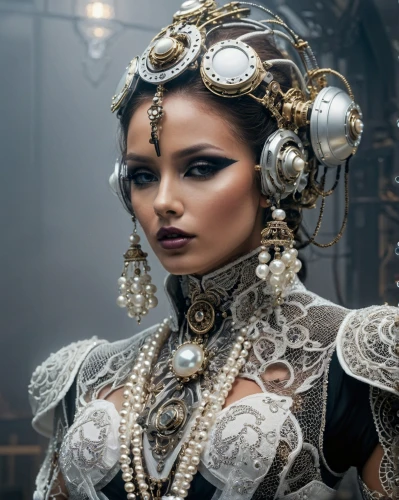 steampunk,the carnival of venice,gothic fashion,victorian lady,headdress,priestess,venetian mask,headpiece,victorian style,the enchantress,adornments,indian headdress,steampunk gears,bridal accessory,bridal jewelry,asian costume,miss circassian,indian bride,gothic portrait,ancient costume