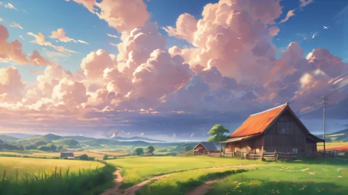 landscape background,home landscape,rural landscape,meadow landscape,fantasy landscape,farm background,farm landscape,countryside,high landscape,studio ghibli,salt meadow landscape,roof landscape,plains,springtime background,lonely house,world digital painting,hot-air-balloon-valley-sky,red barn,dandelion field,prairie,Photography,General,Cinematic