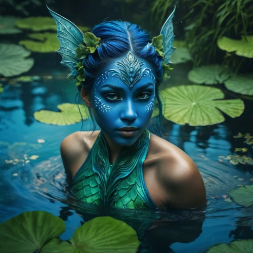 water nymph,merfolk,water lotus,blue enchantress,water creature,avatar,rusalka,aquatic herb,faerie,faery,fantasy portrait,blue peacock,fairy peacock,water-the sword lily,mermaid vectors,majorelle blue,aquatic,siren,bodypaint,mermaid,Photography,General,Fantasy