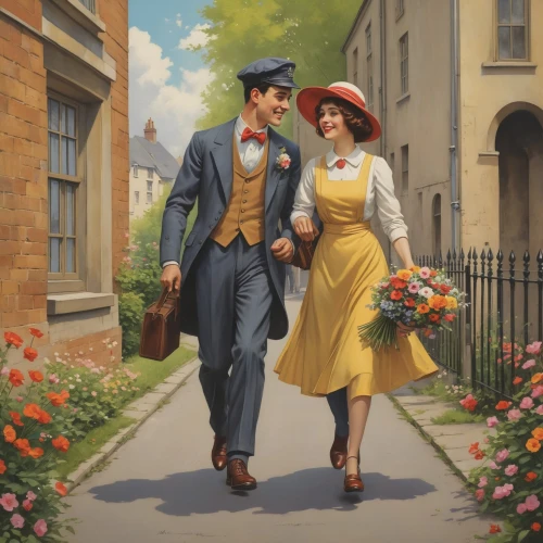 vintage man and woman,vintage boy and girl,flower delivery,young couple,roaring twenties couple,vintage illustration,romantic portrait,promenade,as a couple,courtship,postman,1940 women,man and wife,vintage art,valentine day's pin up,fifties,beautiful couple,florists,50's style,forties,Conceptual Art,Oil color,Oil Color 03
