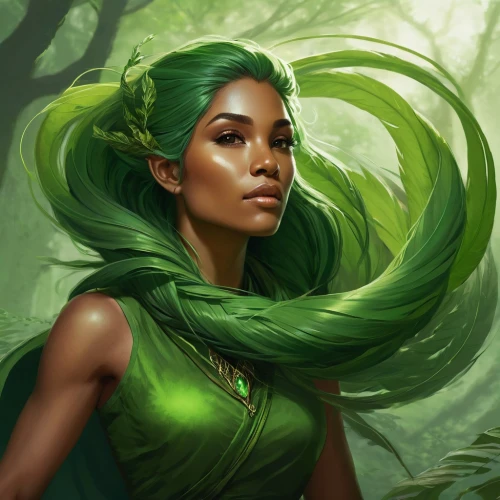 dryad,anahata,background ivy,tiana,green skin,the enchantress,druid,jade,ivy,emerald,green snake,green aurora,green tree,fantasy portrait,green mamba,linden blossom,fae,green dragon,elven flower,elven,Conceptual Art,Fantasy,Fantasy 17