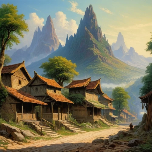 mountain village,mountain settlement,alpine village,mountain scene,mountainous landscape,mountain landscape,mountain huts,rural landscape,yellow mountains,villages,fantasy landscape,wooden houses,meteora,house in mountains,home landscape,korean folk village,village scene,yunnan,landscape background,guilin,Art,Classical Oil Painting,Classical Oil Painting 42
