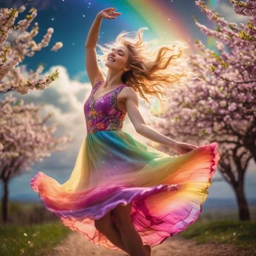 rainbow background,spring background,spring equinox,springtime background,colorful background,spring unicorn,fantasy picture,the festival of colors,colors of spring,fairies aloft,faerie,flower fairy,harmony of color,gracefulness,girl in flowers,colorful tree of life,photoshop manipulation,blossoming apple tree,faery,rainbow colors,Photography,General,Cinematic