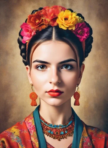 frida,boho art,girl in a wreath,mystical portrait of a girl,indian headdress,beautiful girl with flowers,woman portrait,girl portrait,indian woman,miss circassian,girl in flowers,vintage woman,portrait of a girl,fantasy portrait,headdress,vintage female portrait,russian folk style,young woman,ethnic design,boho,Photography,Realistic