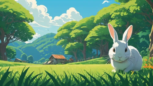 hare trail,rabbits,white rabbit,wood rabbit,studio ghibli,wild rabbit in clover field,rabbit,easter background,game illustration,hare field,rabbit pulling carrot,mountain cottontail,little rabbit,springtime background,peter rabbit,white bunny,hare,gray hare,bunny,european rabbit,Illustration,Japanese style,Japanese Style 16