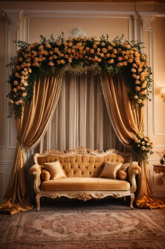 wedding decoration,damask background,bridal suite,wedding frame,floral decorations,golden weddings,quince decorative,wedding decorations,ornate room,loveseat,settee,golden wreath,interior decoration,blossom gold foil,floral chair,flower decoration,cream and gold foil,decor,slipcover,chaise lounge,Photography,General,Cinematic