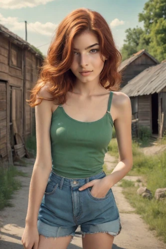 retro woman,girl in overalls,retro girl,girl in t-shirt,lara,jean shorts,farm girl,countrygirl,redheads,lada,ginger rodgers,cotton top,redhead doll,samara,croft,in green,retro women,overalls,redhair,russian,Photography,Realistic