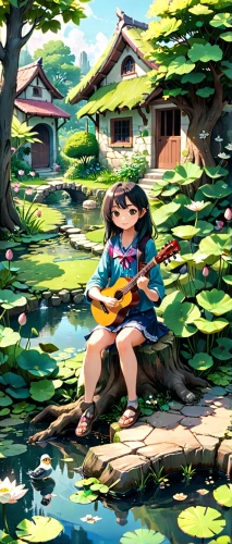 lily pond,lilly pond,studio ghibli,lake tanuki,girl picking flowers,world digital painting,frog background,lily pads,summer background,waterlily,pond flower,pond,landscape background,japanese background,idyllic,wishing well,springtime background,lily pad,perched on a log,children's background,Anime,Anime,Traditional