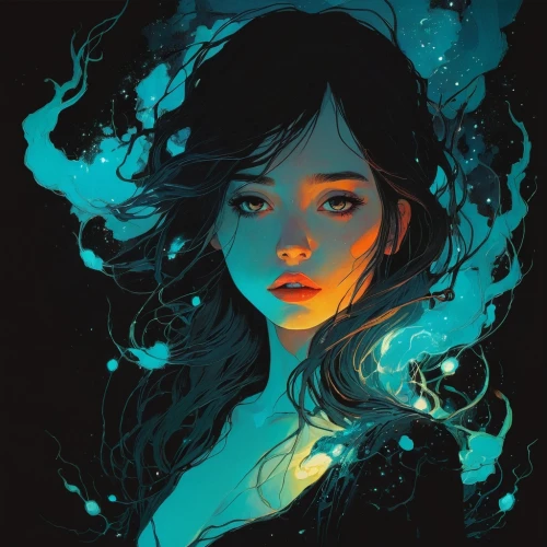 mystical portrait of a girl,digital illustration,fireflies,fantasy portrait,fire and water,bioluminescence,sorceress,ghost girl,the enchantress,siren,transistor,flame spirit,water nymph,mermaid vectors,rosa ' amber cover,digital art,vector illustration,echo,aura,light of night,Illustration,Paper based,Paper Based 19
