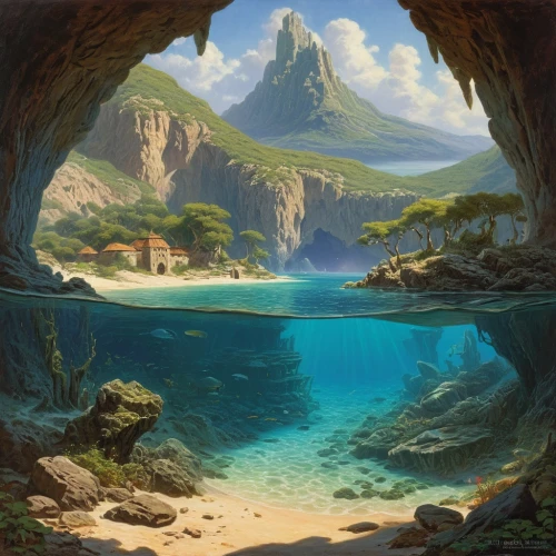 underwater landscape,fantasy landscape,underwater oasis,sea cave,an island far away landscape,sea landscape,cave on the water,coastal landscape,fantasy picture,sea caves,tropical sea,fjord,coastal and oceanic landforms,ocean paradise,underwater background,ocean floor,seamount,karst landscape,landscape background,the blue caves,Art,Classical Oil Painting,Classical Oil Painting 42