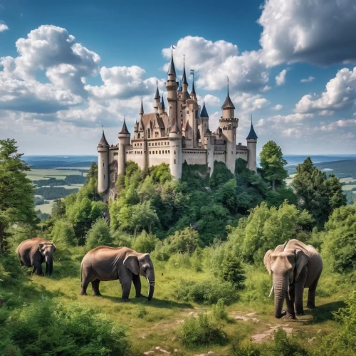 fairy tale castle sigmaringen,fairy tale castle,fairytale castle,hohenzollern castle,cartoon elephants,elephant herd,elbe sandstone mountains,elephants,african elephants,gold castle,elephant camp,castles,a fairy tale,cinderella's castle,medieval castle,disney castle,gothic architecture,fairy tale,pachyderm,children's fairy tale,Photography,General,Realistic