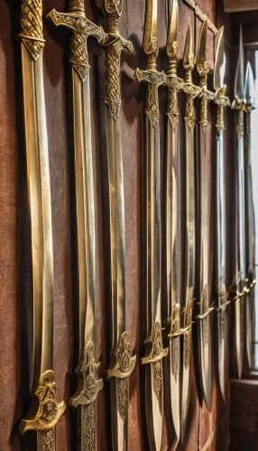 swords,ornamental dividers,handles,staves,baluster,shepherd's staff,decorative arrows,scabbard,copper utensils,king sword,portcullis,old golf clubs,wand gold,silver cutlery,organ pipes,utensils,oars,viking ships,bishop's staff,weapons,Photography,General,Realistic