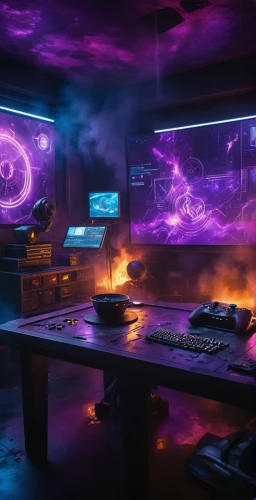 computer room,ufo interior,game room,the server room,cyberpunk,computer desk,sci fi surgery room,computer workstation,cyberspace,working space,study room,purple wallpaper,laboratory,work space,computer art,vapor,desk,control center,music workstation,control desk,Photography,General,Cinematic