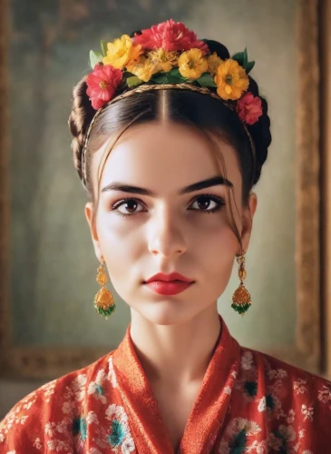 frida,girl in a wreath,beautiful girl with flowers,hanbok,miss circassian,girl in flowers,romanian,paloma,turkish culture,russian folk style,thracian,turkish,novruz,azerbaijan azn,birce akalay,portrait of a girl,vintage floral,persian,traditional costume,marguerite,Photography,Cinematic
