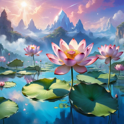 lotus flowers,sacred lotus,water lotus,lotus on pond,lotuses,lotus blossom,lotus flower,lotus pond,stone lotus,water lilies,golden lotus flowers,lotus hearts,pink water lilies,flower of water-lily,lotus,lotus plants,lotus ffflower,waterlily,white water lilies,lotus effect,Illustration,Realistic Fantasy,Realistic Fantasy 01