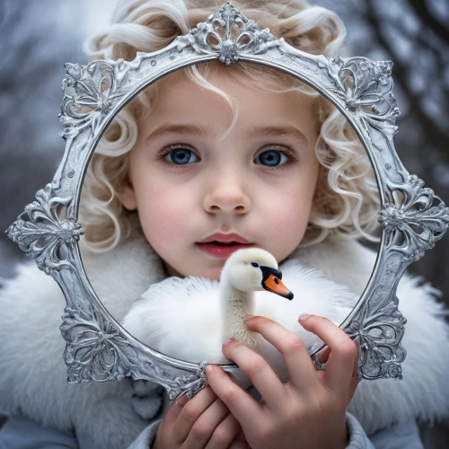 young swan,the snow queen,swan cub,baby swan,doll looking in mirror,baby swans,white dove,innocence,dove of peace,children's christmas photo shoot,child portrait,blonde girl with christmas gift,suit of the snow maiden,doves of peace,white pigeon,white swan,christmas angel,photographing children,white fur hat,snow white,Photography,Documentary Photography,Documentary Photography 13