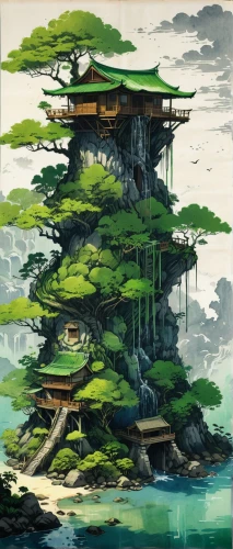 bonsai,tree house,ginkaku-ji,bonsai tree,the japanese tree,treehouse,japanese architecture,asian architecture,japan landscape,tsukemono,ryokan,kyoto,floating islands,floating island,pagoda,japanese garden,japanese garden ornament,bird kingdom,ancient city,chinese architecture,Illustration,Japanese style,Japanese Style 10