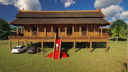 stilt house,3d rendering,stilt houses,traditional house,pop up gazebo,feng shui golf course,feng-shui-golf,3d render,nusa dua,golf resort,golf hotel,holiday villa,render,rumah gadang,golf lawn,cube stilt houses,wooden house,3d rendered,eco hotel,minangkabau,Photography,General,Realistic