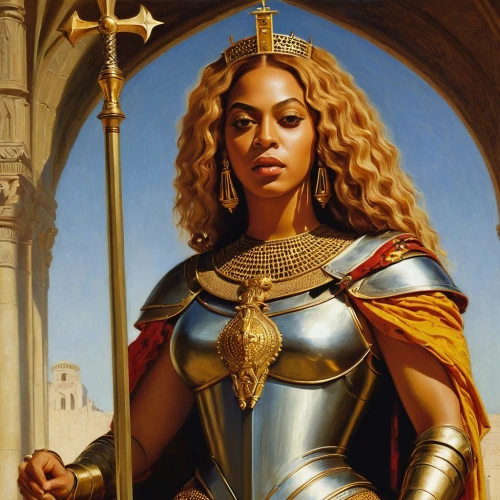 joan of arc,paladin,golden crown,queen,goddess of justice,official portrait,african american woman,black women,queen bee,queen s,libra,cleopatra,mary-gold,portrait of christi,priestess,a woman,fantasy portrait,queen crown,gold crown,female warrior,Art,Classical Oil Painting,Classical Oil Painting 42