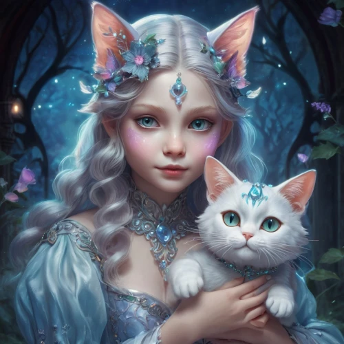 fantasy portrait,fantasy picture,white cat,cat with blue eyes,fantasy art,fairy tale character,romantic portrait,elsa,fairy tale icons,blue eyes cat,fairytale characters,faery,eglantine,kittens,faerie,silver tabby,lilac blossom,cat lovers,blue enchantress,two cats,Illustration,Realistic Fantasy,Realistic Fantasy 02