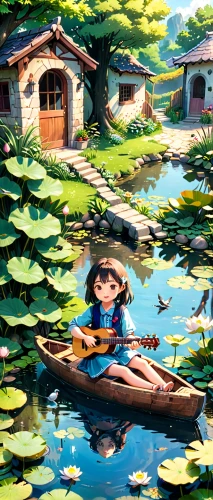 canoeing,studio ghibli,fishing float,boat landscape,girl on the boat,floating market,row boat,kayaker,pedalos,girl and boy outdoor,kayaks,kayaking,canoes,personal water craft,canoe,little boat,water lotus,floating over lake,oil painting on canvas,floating huts,Anime,Anime,Traditional