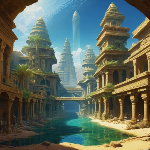 ancient city,atlantis,futuristic landscape,the ancient world,ancient buildings,karnak,imperial shores,fantasy landscape,ancient civilization,artemis temple,ancient,oasis,ancient egypt,fractal environment,underwater oasis,fantasy city,civilization,egyptian temple,the ruins of the,pharaonic,Art,Classical Oil Painting,Classical Oil Painting 42