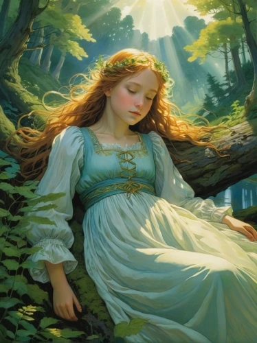 girl lying on the grass,idyll,mystical portrait of a girl,girl in the garden,the sleeping rose,faery,jessamine,faerie,children's fairy tale,girl with tree,fae,fairy tale character,fantasy portrait,celtic woman,fantasy picture,forest of dreams,rapunzel,sleeping beauty,rusalka,fairy queen,Illustration,Realistic Fantasy,Realistic Fantasy 04