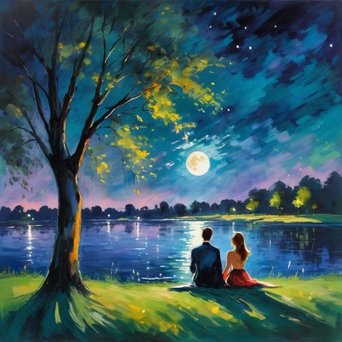 romantic scene,night scene,oil painting on canvas,evening lake,romantic night,moonlit night,art painting,landscape background,evening atmosphere,idyll,oil painting,young couple,summer evening,honeymoon,moonlight,photo painting,romantic,in the evening,moonlit,oil on canvas,Conceptual Art,Oil color,Oil Color 10