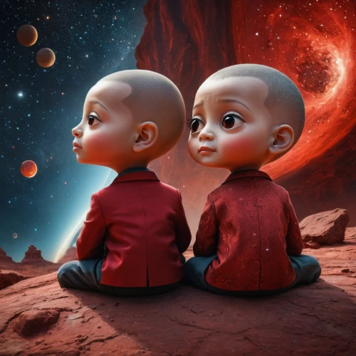 red planet,et,binary system,astronomers,monks,celestial bodies,space art,kissing babies,gemini,planet mars,extraterrestrial life,sci fiction illustration,world digital painting,cosmonautics day,somtum,little boy and girl,mirror image,photo manipulation,boy and girl,mission to mars,Photography,General,Fantasy