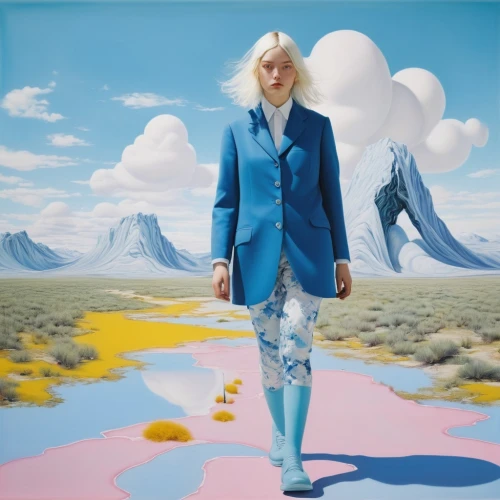 dali,woman walking,blue painting,cloud play,wonderland,azure,cumulus,partly cloudy,woman in menswear,surrealistic,the blonde in the river,suit of the snow maiden,girl-in-pop-art,virtual landscape,el salvador dali,matruschka,marylyn monroe - female,blue mountain,kaleidoscope,clouds - sky,Photography,Fashion Photography,Fashion Photography 25