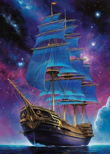 galleon ship,sail ship,sailing ship,barquentine,sea sailing ship,sea fantasy,galleon,sailing blue purple,tallship,star ship,caravel,full-rigged ship,sailing ships,voyager,the ship,ship of the line,sailing vessel,constellation swan,three masted sailing ship,steam frigate,Illustration,Realistic Fantasy,Realistic Fantasy 06