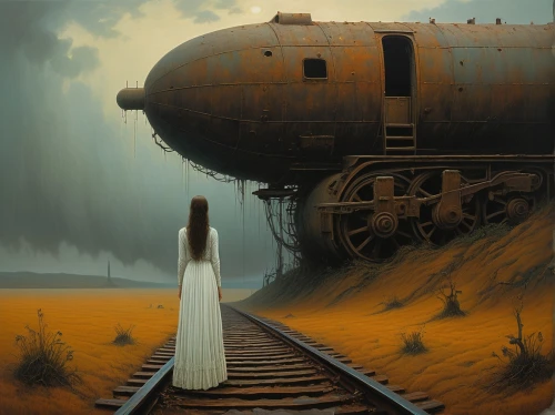 ghost locomotive,train of thought,the girl at the station,long-distance train,sci fiction illustration,the train,train,corrosion,train route,train cemetery,last train,locomotive,ghost train,train car,train crash,railroad,tank cars,railroad car,still transience of life,surrealism,Conceptual Art,Oil color,Oil Color 05