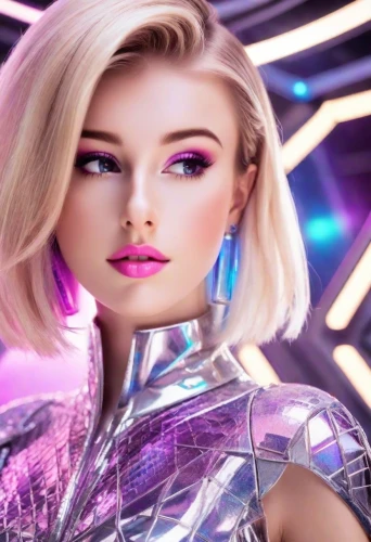 barbie,barbie doll,artificial hair integrations,neon makeup,futuristic,cyberspace,doll's facial features,pink background,diamond background,purple and pink,realdoll,airbrushed,cosmetic,cyber,pink beauty,disco,cosmetics,women's cosmetics,pixie-bob,pink-purple
