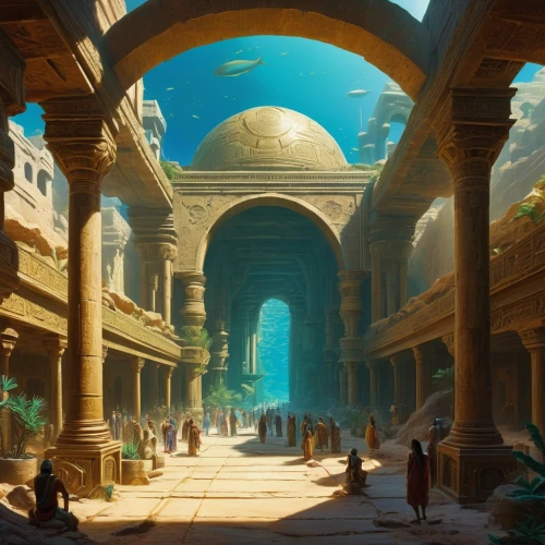 atlantis,ancient city,underwater oasis,aquarium,aquariums,the ancient world,underwater landscape,egyptian temple,hall of the fallen,imperial shores,pillars,acquarium,ancient buildings,fantasy landscape,artemis temple,aqua studio,house of the sea,underwater background,red sea,underwater playground,Art,Classical Oil Painting,Classical Oil Painting 42