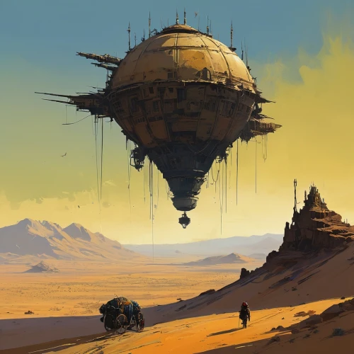 airships,airship,futuristic landscape,gas planet,wasteland,post-apocalyptic landscape,dune,sci fiction illustration,scifi,sci fi,dune landscape,sci-fi,sci - fi,desert planet,air ship,digital nomads,ancient city,nomads,concept art,alien planet,Conceptual Art,Sci-Fi,Sci-Fi 01