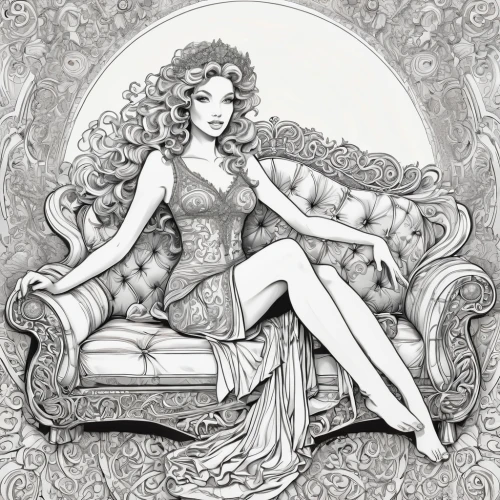 fashion illustration,doily,book illustration,coloring page,vintage drawing,art nouveau design,hand-drawn illustration,aphrodite,art nouveau,fairy tale character,cd cover,cybele,pencil drawings,bookplate,coloring pages,illustrations,zodiac sign libra,the zodiac sign pisces,rococo,coloring picture,Illustration,Black and White,Black and White 05