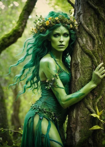 dryad,faerie,faery,the enchantress,fae,poison ivy,anahata,green mermaid scale,green aurora,green skin,mother nature,fantasy woman,mother earth,rusalka,background ivy,fairy queen,fantasy art,fantasy picture,green wallpaper,aaa,Illustration,Paper based,Paper Based 18