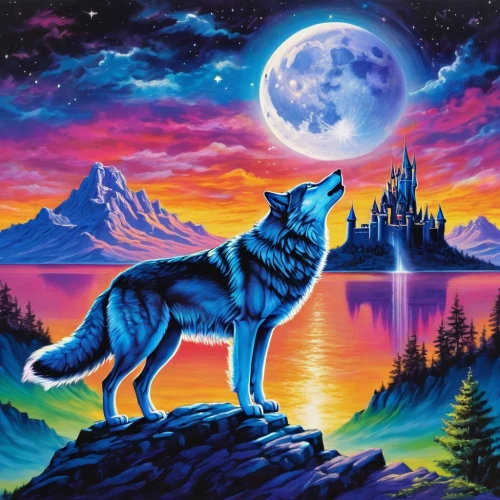 howling wolf,wolves,constellation wolf,wolf,european wolf,howl,purple moon,fantasy picture,two wolves,wolf's milk,wolf couple,blue moon,gray wolf,wolf bob,coyote,fantasy art,werewolves,canis lupus,wolfdog,dusk background,Illustration,Realistic Fantasy,Realistic Fantasy 20