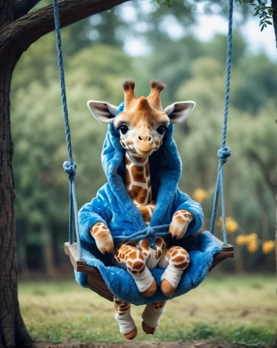 giraffidae,giraffe plush toy,giraffe,animals play dress-up,baby animal,cute animal,giraffes,two giraffes,cute animals,onesie,funny animals,whimsical animals,circus animal,giraffe head,just hang out,hanging swing,wildpark poing,animal photography,golden swing,animal world,Photography,General,Cinematic