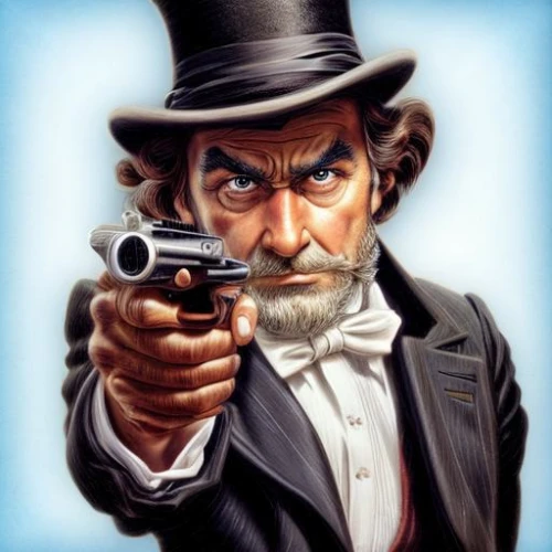 uncle sam,gunfighter,abraham lincoln,man holding gun and light,lincoln,fiddler,revolver,holmes,pointing gun,pistols,game illustration,revolvers,al capone,wick,chimney sweep,gentleman icons,mafia,holding a gun,gentlemanly,spy,Calligraphy,Illustration,None