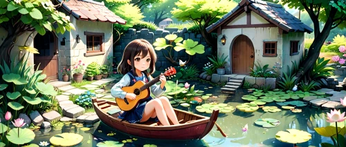 lily pond,lilly pond,water-the sword lily,girl in the garden,landscape background,fairy tale character,garden swing,spring background,waterlily,girl and boy outdoor,wishing well,lily water,summer background,background image,game illustration,background ivy,fairy village,paper boat,yellow garden,alice,Anime,Anime,Traditional