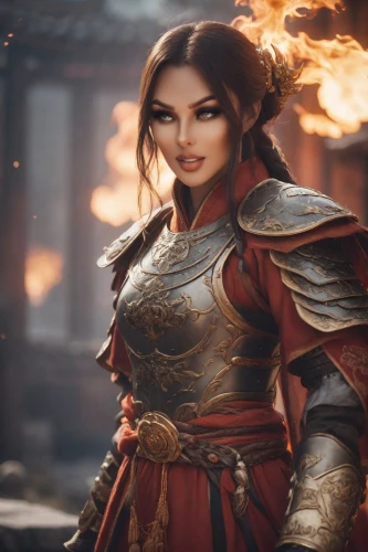 female warrior,mulan,fire angel,warrior woman,fire background,fiery,joan of arc,fire siren,massively multiplayer online role-playing game,woman fire fighter,flame spirit,flame of fire,fire master,jaya,fantasy warrior,fantasy woman,swordswoman,firedancer,bagan,samara,Photography,Cinematic