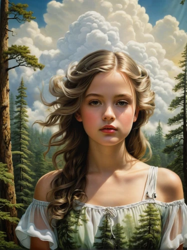 girl with tree,mystical portrait of a girl,little girl in wind,forest background,fantasy portrait,portrait of a girl,child portrait,children's background,girl portrait,world digital painting,oil painting,landscape background,oil painting on canvas,girl in a long,art painting,fantasy art,portrait background,young woman,forest landscape,girl in the garden,Illustration,Realistic Fantasy,Realistic Fantasy 22
