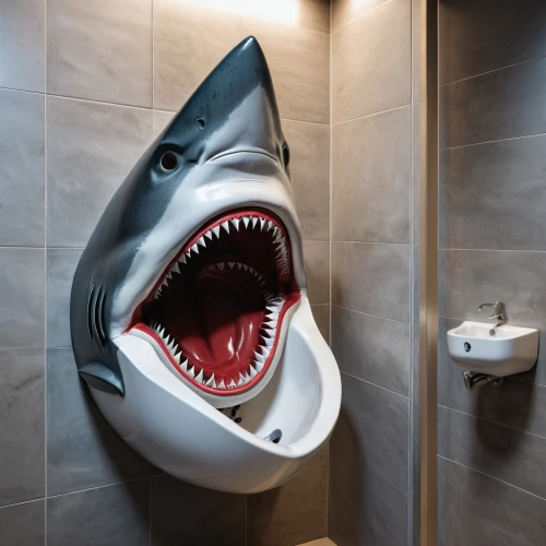 bathroom accessory,urinal,bathroom sink,bathtub accessory,shower curtain,aquarium decor,toilet roll holder,toilet seat,jaws,toothbrush holder,great white shark,shark,toilet table,bathroom cabinet,luxury bathroom,sharks,paper towel holder,requiem shark,toilets,toilet,Photography,General,Natural