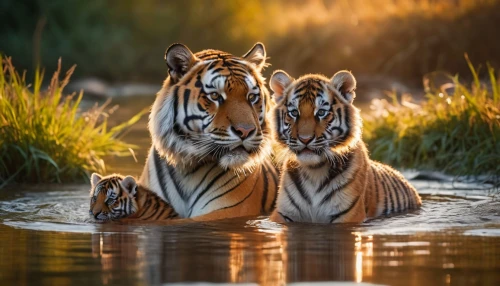 tigers,watering hole,wildlife,asian tiger,big cats,harmonious family,cute animals,animal photography,wild animals,mother and children,water hole,wildlife reserve,reflections in water,the mother and children,horsetail family,tiger cub,bengal,young tiger,animal world,reflection in water,Photography,General,Cinematic