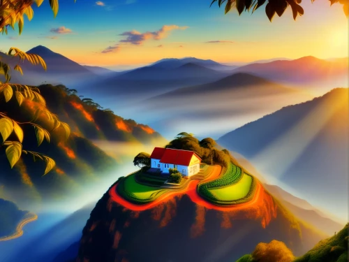 mountain scene,mountain landscape,mountainous landscape,landscape background,mushroom landscape,world digital painting,cartoon video game background,mountain village,mountain world,mountain slope,home landscape,mountainside,mountain settlement,mountain huts,house in mountains,hot-air-balloon-valley-sky,mountainous landforms,autumn mountains,mountain peak,rice terrace