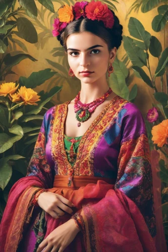frida,girl in flowers,beautiful girl with flowers,russian folk style,miss circassian,hanbok,persian poet,vintage floral,iranian nowruz,girl in a wreath,crown marigold,rosella,persian,colorful floral,verbena,novruz,girl in the garden,folk costume,mystical portrait of a girl,dahlia,Photography,Realistic