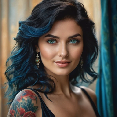 romantic portrait,blue peacock,blue hair,bylina,jasmine blue,tattoo girl,ojos azules,blue rose,bella rosa,color turquoise,elsa,romanian,fantasy portrait,woman portrait,romantic look,ukrainian,beautiful woman,eurasian,teal blue asia,beautiful young woman,Photography,General,Cinematic